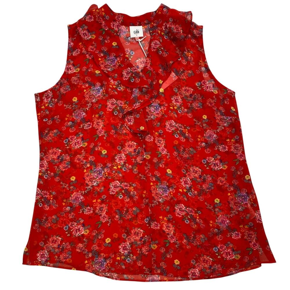 cAbi Crush Floral Ruffle Sleeveless Blouse Red Sheer Top Size S - Picture 4 of 17